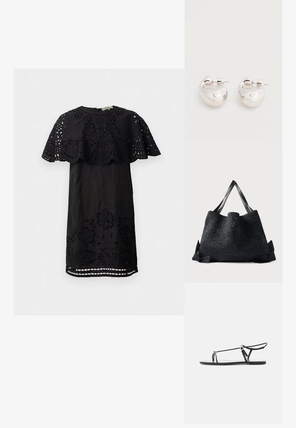 Black kjole med blomstret blondeoverdel ved skuldrene og nederkanten, med udskæringer og rund halsudskæring. Fremstillet af letvægtsstof.; Sort flad sandal med tynde remme, en tå-løkke og en justerbar ankelspænde på en lys grå baggrund.; Stor sort vævet taske med brede flade håndtag og åben top, sat mod en ensartet lys baggrund.; Par af skinnende sølv store øreringe med lukning på bagsiden mod en ensfarvet hvid baggrund.