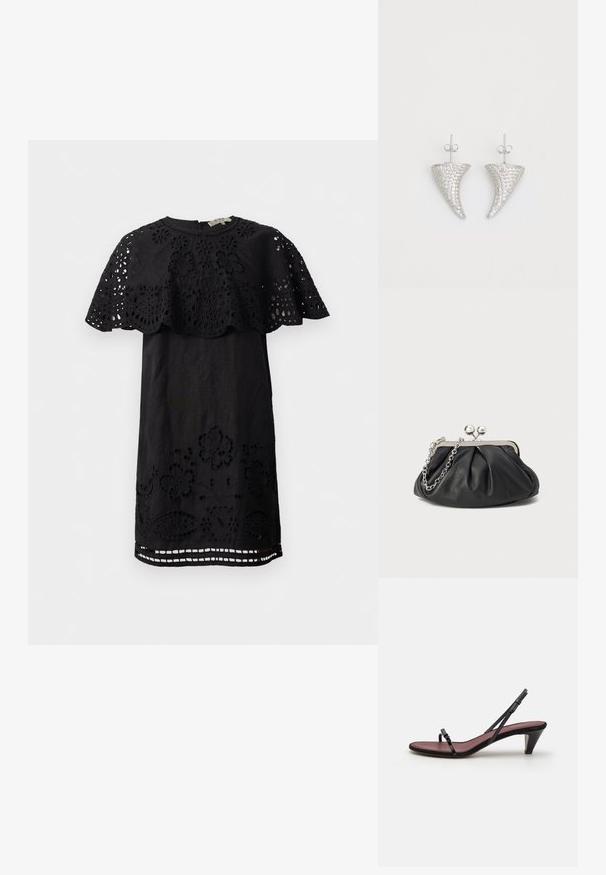 Schwarzes Kleid mit floralem Spitzeneinsatz an den Schultern und dem Saum, mit Cut-out-Details und Rundhalsausschnitt. Hergestellt aus leichter Stoffqualität.; Schwarze High Heels Sandale mit dünnen Riemen und einer kleinen dekorativen Schnalle. Die Innensohle hat eine kontrastierende burgunderrote Farbe und einen schlanken, konischen Absatz.; Schwarze Leder-Clutch mit geraffter Textur, silberfarbener Metallrahmen, Druckverschluss und Kettenriemen. Glatte, weiche Oberfläche.; Silberne, hornförmige Ohrringe, besetzt mit kleinen klaren Steinen, mit einem Steckverschluss zur Befestigung. Glatte Textur und metallisches Finish.