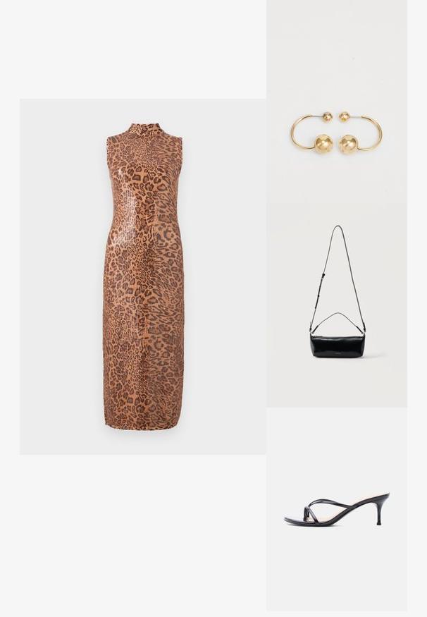 Vestido midi sin mangas con un patrón brillante de leopardo. Presenta un escote alto y una silueta ajustada. El material parece suave y texturizado.; Sandalia de tacón de charol negro con tiras finas cruzadas y un tacón de aguja delgado de altura media, sobre un fondo blanco.; Bolso cruzado rectangular de cuero negro con correa de hombro ajustable, cremallera superior y pequeño logo dorado de Calvin Klein en el frente.; Pendientes de metal en tono dorado con un diseño circular que presenta dos esferas, una más grande y texturizada, y una bola pulida más pequeña en la parte superior.