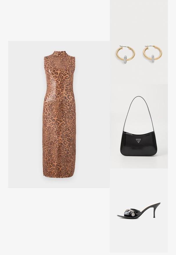 Vestido midi sin mangas con un patrón brillante de leopardo. Presenta un escote alto y una silueta ajustada. El material parece suave y texturizado.; Mule de charol negro de tacón alto con punta abierta y adornos decorativos plateados, incluyendo una flor y un candado en la tira delantera.; Bolso de hombro de charol negro con forma curva, que presenta un logotipo triangular plateado y un cierre de cremallera. Textura suave y correa delgada.; Par de pendientes de aro en tono dorado con pequeño detalle de aro en tono plateado en cada uno, expuestos sobre un fondo gris claro.