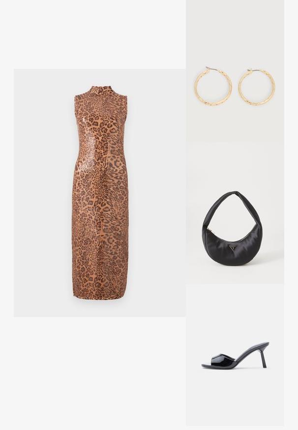 Ärmelloses Midi-Kleid mit glänzendem Leopardenmuster. Hat einen hohen Ausschnitt und eine taillierte Silhouette. Das Material wirkt glatt und strukturiert.; Schwarze Sandalen mit Absatz aus Lackleder, offenem Zehenbereich, mit geschwungenem Obermaterial und spitz zulaufendem Stilettoabsatz. Glatte, glänzende Oberfläche.; Schwarze Satin-Handtasche mit geschwungener Form, ausgestattet mit einem Reißverschluss und einem dreieckigen Metallsymbol auf der Vorderseite. Glatte Textur und elegantes Design.; Paar goldfarbene, strukturierte Creolen mit dünnen Stegen vor weißem Hintergrund.