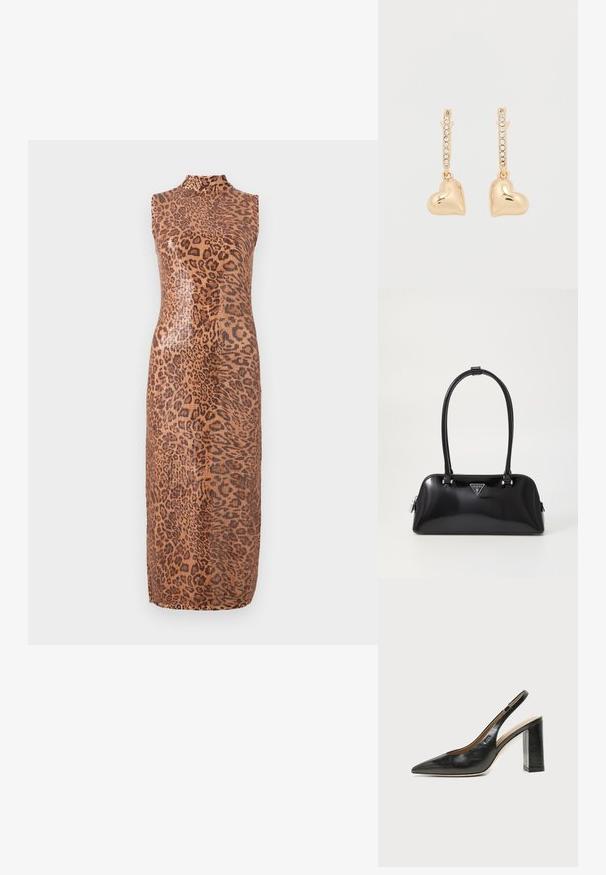 Vestido midi sin mangas con un patrón brillante de leopardo. Presenta un escote alto y una silueta ajustada. El material parece suave y texturizado.; Zapato slingback de piel negra con puntera puntiaguda, tacón alto y ancho, y forro interior beige sobre un fondo claro y liso.; Bolso de mano negro brillante con una silueta curva, dos asas y una placa de logo en la parte frontal. Cierre de cremallera y acentos de hardware brillante.; Pendientes de oro con colgantes en forma de corazón, acentuados por una fila de pequeños pedrería en el aro. Superficie reflectante y lisa.