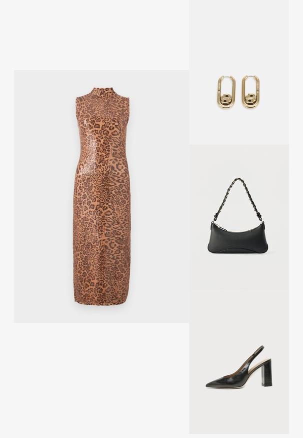 Mouwloze midi-jurk in een glanzend luipaardprintpatroon. Heeft een hoge halslijn en een nauwsluitende pasvorm. Het materiaal lijkt glad en textuur te hebben.; Zwarte leren slingback schoen met spits toelopend neusje, hoge blokhak en beige binnenvoering tegen een effen lichte achtergrond.; Zwarte lederen schoudertas met een gebogen rechthoekige vorm, gouden ketting verweven in een gevlochten zwarte band, en een ritssluiting bovenop.; BOSS DOUBLE B SWING - Oorbellen - gold-coloured
