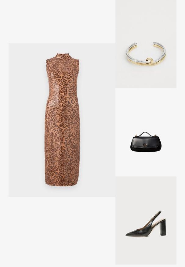 Ærmeløs midikjole i et skinnende leopardmønster. Har en høj hals og en tætsiddende silhuet. Materialet ser glat og tekstureret ud.; Sort læder peep-toe slingback sko med høj blokhæl og beige indvendig foring mod en ensfarvet lys baggrund.; Sort lædertaske med et lille håndtag, guldfarvet "cK" logo på frontklappen og guldfarvede hardware-accenter.; Metal cuff armbånd med sammenflettede sølv- og guldstrimler med en glat, poleret overflade. Bemærkelsesværdig knude-detail i midten.