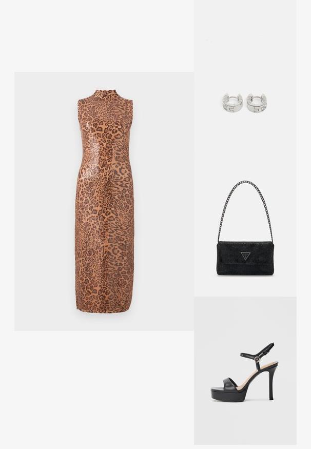 Ärmelloses Midi-Kleid mit glänzendem Leopardenmuster. Hat einen hohen Ausschnitt und eine taillierte Silhouette. Das Material wirkt glatt und strukturiert.; Schwarze Plateausandalen mit hohem Stiletto-Absatz, ausgestattet mit einem glatten Lederobermaterial, einem Peeptoe-Design und einem verstellbaren Knöchelriemen mit Metallbeschlägen.; Schwarze Perlen-Handtasche mit strukturierter Oberfläche, ausgestattet mit einem Kettenriemen und einer dreieckigen Logo-Plakette auf der Vorderseite. Kompakte rechteckige Form.; Guess STYLISH - Ohrringe - silver-coloured