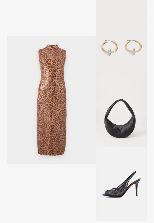 Mouwloze midi-jurk in een glanzend luipaardprintpatroon. Heeft een hoge halslijn en een nauwsluitende pasvorm. Het materiaal lijkt glad en textuur te hebben.; Zwarte slingback pumps met hoge hak, open teen en mesh bovenwerk met subtiele bloemmotieven.; Zwarte satin handtas met een gebogen vorm, voorzien van een ritssluiting en een driehoekig metalen logo aan de voorkant. Gladde textuur en een slank ontwerp.; Paar goudkleurige creolen met kleine zilverkleurige lusdetail op elk, weergegeven tegen een lichtgrijze achtergrond.