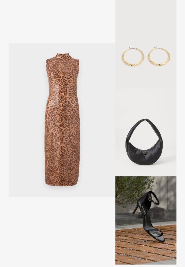 Vestido midi sin mangas con un patrón brillante de leopardo. Presenta un escote alto y una silueta ajustada. El material parece suave y texturizado.; Sandalia negra de tacón alto con correa en el tobillo, parece suspendida sobre un suelo de baldosas de madera al aire libre, con un fondo difuminado de vegetación y piedra.; Bolso de satén negro con forma curva, que cuenta con un cierre de cremallera y un logo triangular en metal en la parte delantera. Textura suave y diseño elegante.; Par de pendientes de aro dorados pulidos con postes delgados y cierres con bisagra, exhibidos sobre un fondo liso gris claro.