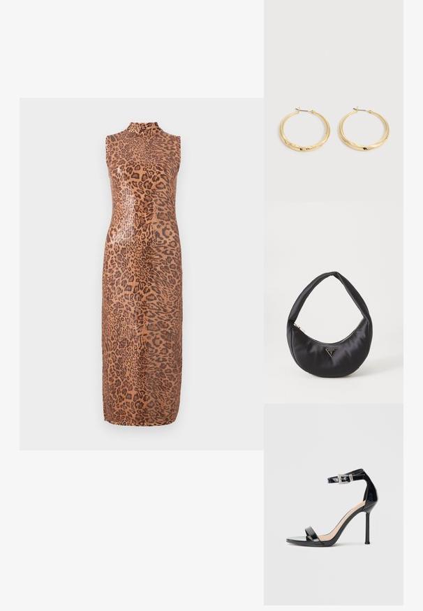 Vestido midi sin mangas con un patrón brillante de leopardo. Presenta un escote alto y una silueta ajustada. El material parece suave y texturizado.; Sandalia de tacón alto en piel sintética negra con correa en el tobillo. Presenta un diseño minimalista, punta abierta y una hebilla con detalles de pedrería.; Bolso de satén negro con forma curva, que cuenta con un cierre de cremallera y un logo triangular en metal en la parte delantera. Textura suave y diseño elegante.; Par de pendientes de aro dorados pulidos con postes delgados y cierres con bisagra, exhibidos sobre un fondo liso gris claro.