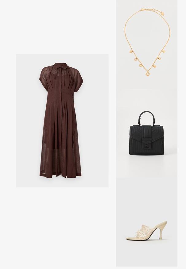Robe longue marron semi-transparente à manches courtes avec plis, col pointu et patte de boutonnage dissimulée sur fond blanc.; NEOUS AURIGA - Mules à talons - cream; Sac à main en cuir noir avec une texture matelassée, de forme rectangulaire, une anse supérieure et un rabat frontal doté d'un fermoir en métal argenté.; Collier délicat en chaîne d'or avec sept petits pendentifs carrés, dont trois ornés de cristaux clairs, présenté sur un fond blanc.