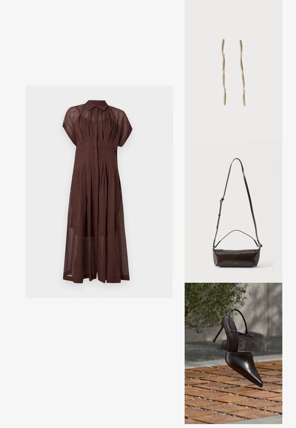 Robe longue marron semi-transparente à manches courtes avec plis, col pointu et patte de boutonnage dissimulée sur fond blanc.; Mule noire brillante à talons hauts avec bout pointu et bride à la cheville, suspendue au-dessus d'une surface carrelée en terre cuite avec des interstices remplis de gravier.; Petit sac à bandoulière en cuir marron foncé brillant avec bandoulière réglable, poignée supérieure et fermeture éclair dorée.; Longues boucles d'oreilles en or composées de quatre barres incurvées allongées reliées entre elles sur fond blanc.