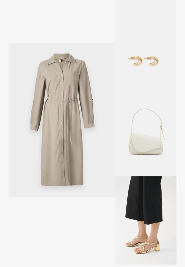 Lang beige overhemdjurk met kraag, knopen aan de voorkant, twee borstzakken en een strikceintuur in de taille. Mouwen kunnen opgerold worden. Zacht materiaal.; Gouden sandalen met banden en een chunky hak, met smalle banden en een gespsluiting, tegen een eenvoudige witte achtergrond.; Witte nepleren handtas met een gestructureerde driehoekige vorm, een enkele verstelbare schouderriem en een klep met ronde accenten.; Gouden halvmaanvormige oorbellen met een gladde afwerking, voorzien van oranje accenten bij de stekker en zilveren hardware.