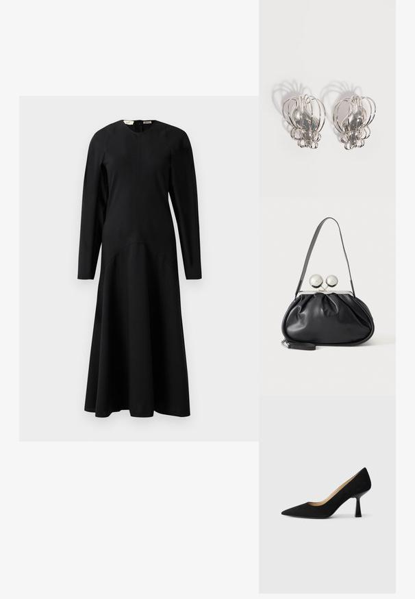 Robe midi noire à manches longues avec un haut ajusté et une jupe évasée, dotée d'un col rond et d'une fermeture éclair au dos.; Pompe à talons hauts en suède noir avec un bout pointu, dotée d'un talon bloc noir brillant et d'une doublure intérieure lisse.; Sac à main en cuir noir avec un design plissé, une sangle unique, un cadre métallique argenté et deux grandes fermoirs ronds en argent.; Paire de boucles d'oreilles en métal argenté avec un design en cage à fil ouvert et des formes ovales centrales lisses projetant des ombres courbes sur un fond blanc.