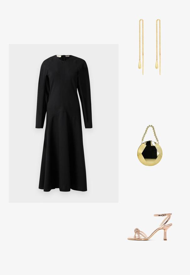 Robe midi noire à manches longues avec un haut ajusté et une jupe évasée, dotée d'un col rond et d'une fermeture éclair au dos.; Sandale à talon haut couleur or rose avec bride à la cheville, bride avant nouée ornée de strass scintillants et talon fin de hauteur moyenne.; Sac à main rond doré avec un centre noir hexagonal et une anse dorée perlée, présenté sur fond blanc.; Boucles d'oreilles en or se distinguant par un design en chaîne avec une barre fine et un accent en forme de goutte, mettant en valeur une finition polie et une texture délicate.