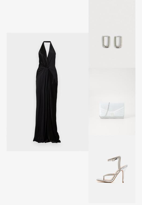 Schwarzes Satin-Halterkleid mit tiefem V-Ausschnitt, verdrehtem Vorderteil und bodenlangem fließendem Rock. Glatte Textur und minimalistisches Design.; RAID RORY - High Heel Sandalette - silver; Helles blaues Clutch-Täschchen mit einem plissierten Design. Verfügt über eine rechteckige Form, eine Kettenhenkel und eine glatte Textur mit einem zentralen Akzent.; Silberne rechteckige Ohrringe mit glatter Oberfläche, die entlang einer Kante mit einer Reihe von Strasssteinen verziert sind. Opulentes, aber minimalistisches Design.