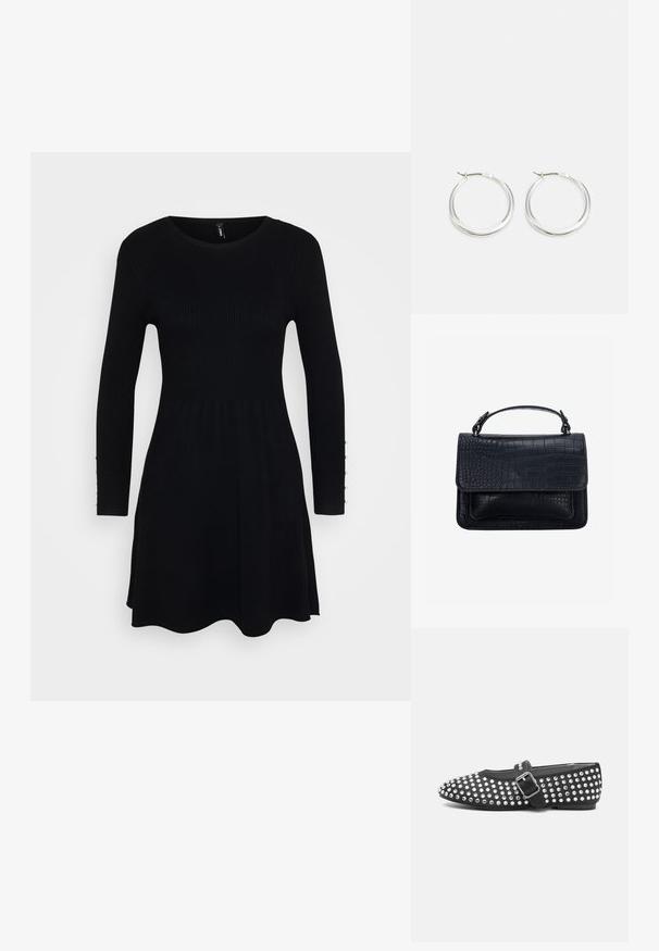Vestido negro de canalé con mangas largas, escote redondeado y falda acampanada. Presenta botones a lo largo de los puños de las mangas para un detalle adicional.; Zapato plano negro con punta redondeada, diseño tachonado con acentos metálicos y una correa con hebilla en el empeine.; Bolso negro con textura de cocodrilo, forma rectangular, solapa superior y un solo asa corta.; Los pendientes de aro de plata presentan un diseño suave y redondeado con un perfil delgado y un cierre seguro. Estilo minimalista con un acabado pulido.