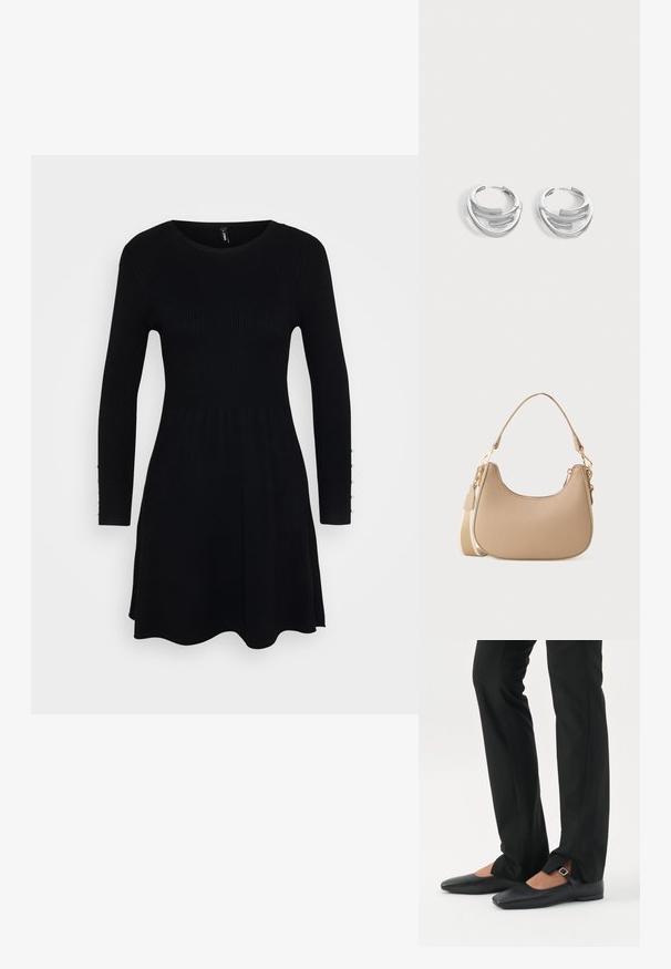 Vestido negro de canalé con mangas largas, escote redondeado y falda acampanada. Presenta botones a lo largo de los puños de las mangas para un detalle adicional.; Piernas con pantalones ajustados negros con aberturas frontales en el dobladillo, combinados con zapatos planos Mary Jane negros con una pequeña correa con hebilla.; Pequeña bolsa de hombro beige con parte superior curvada, correa larga desmontable y cierres de tono dorado sobre un fondo blanco liso.; Par de pendientes de aro plateados pulidos con diseño de barra curva en capas sobre un fondo claro y liso.
