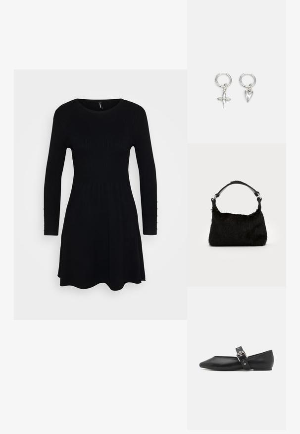 Vestido negro de canalé con mangas largas, escote redondeado y falda acampanada. Presenta botones a lo largo de los puños de las mangas para un detalle adicional.; Zapato plano de cuero negro con punta afilada, correa lateral con hebilla plateada y tacón bajo. Textura suave y diseño minimalista.; Bolso de mano de piel sintética negra con una textura suave, forma redondeada y una resistente correa de cuero negro para el hombro. Acentos de herrajes plateados visibles.; Pendientes de aro de plata con un charm de cruz y corazón. Textura suave y brillante con un acabado pulido. Cada charm cuelga de un lazo seguro.