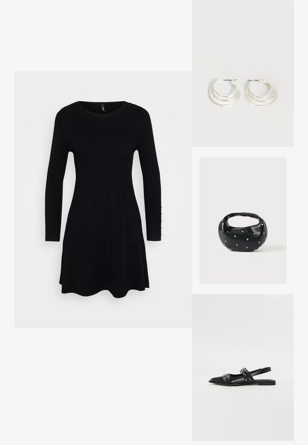 Robe noire à côtes avec des manches longues, un col rond et une jupe évasée. Comprend des boutons le long des poignets pour un détail supplémentaire.; Even&Odd Ballerines à brides arrière - black; Sac à main en cuir noir de forme arrondie, décoré de clous argentés et équipé d'une poignée courte. Texture lisse et fermeture éclair.; Boucles d'oreilles créoles en argent avec trois bandes semi-circulaires superposées, dont une ornée de petits cristaux clairs sur un fond clair.