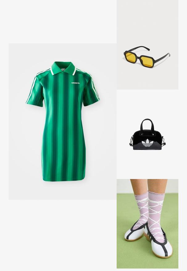 Zelené pruhované polo šaty vyrobené z hladkej látky. Obsahujú golier, krátke rukávy a bielu logo Adidas. Vertikálne pruhy v rôznych odtieňoch.; Nohy v rebrovaných levanduľových ponožkách s bielymi krížovými pásmi v kombinácii s bielymi baletnými papučkami s čiernym lemom na zelenej podlahe.; Čierne obdĺžnikové slnečné okuliare so žltými šošovkami. Vlastnosti zahŕňajú hrubé rámiky a uhlovú konštrukciu s hladkým, lesklým povrchom.; Čierna lakovaná kožená kabelka s okrúhlym tvarom, dvojitými hornými rúčkami, striebornými akcentmi a výrazným bielym logom na prednej strane.
