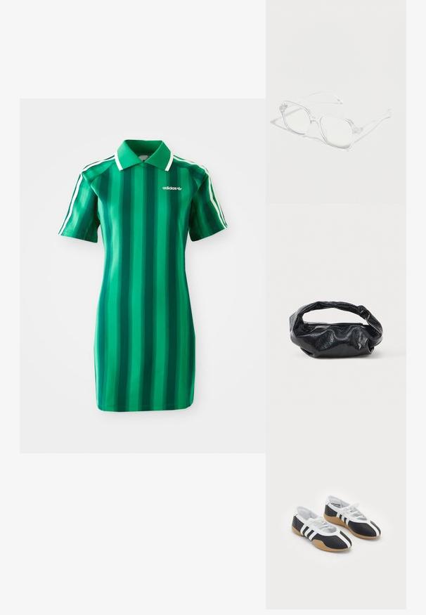 Zelené pruhované polo šaty vyrobené z hladkej látky. Obsahujú golier, krátke rukávy a bielu logo Adidas. Vertikálne pruhy v rôznych odtieňoch.; Čierne a biele športové topánky s elegantným dizajnom, gumovou podrážkou, šnurovaním a tromi bielymi prúžkami na bokoch.; Priehľadné obdĺžnikové okuliare s priehľadnými rámami a stranami, umiestnené na bielom povrchu s jemnými tieňmi.; Čierna taška z lesklého, textúrovaného materiálu s obvodovým, skrúteným uchom a zipsovým uzáverom. Vyznačuje sa mäkkým, zvrásneným dizajnom.