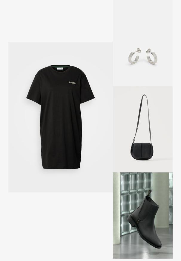 Robe T-shirt noire à manches courtes avec col rond et petit logo Lacoste sur le côté gauche de la poitrine.; Bottine noire en cuir à cheville avec panneaux latéraux élastiques et languette, positionnée en lévitation devant un mur de blocs de verre et un sol lisse.; Sac bandoulière en cuir noir texturé avec fond arrondi, rabat avant et bandoulière réglable avec boucle métallique.; Boucles d'oreilles en métal argenté avec un design texturé, dotées d'un petit fermoir et d'une marque sur une des hoops. Forme arrondie avec une finition polie.