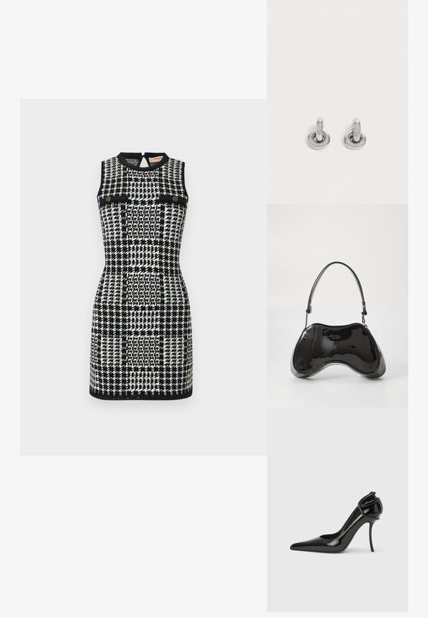 TWINSET DRESS - Φόρεμα ημέρας - neve/nero; Μαύρο παπούτσι με τακούνι από λουστρίνι, με μυτερή μύτη και ανοιχτή πλάτη. Διαθέτει μοναδική καμπυλωτή λεπτομέρεια στη φτέρνα. Λείο και γυαλιστερό φινίρισμα.; Μαύρη λαμπερή δερμάτινη τσάντα με μοναδικό καμπυλωτό σχήμα, κοντό ρυθμιζόμενο χερούλι και επάνω με φερμουάρ. Λείο υλικό με διακριτική σήμανση.; Ζευγάρι μικρά, γυαλιστερά ασημένια σκουλαρίκια κρίκοι με στρογγυλή βάση, τοποθετημένα σε απλό φωτεινό φόντο.