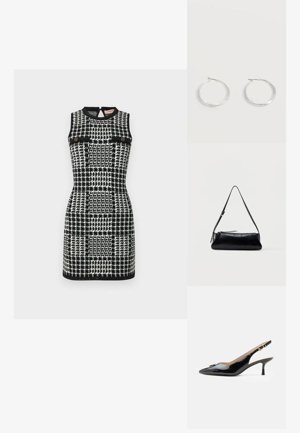 TWINSET DRESS - Hverdagskjole - neve/nero; Sort patentlæder slingback hæl med spids tå, lille kitten hæl og sølvspænde på en ensartet hvid baggrund.; Sort læder skuldertaske med tynd justerbar rem, lynlåslukning og lille metal "GUESS" logo foran i midten.; Sølvfarvede metaloorringe med glat, let buet overflade og låsemekanisme på en ensfarvet hvid baggrund.