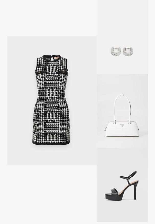 TWINSET DRESS - Hverdagskjole - neve/nero; Sorte platformsandaler med høj stiletthæl, der har en glat læderoverdel, peep toe-design og en justerbar ankelrem med metalbeslag.; Hvid lædertaske med en buet form, der har et sølvtrapezlogo og lynlåslukning. Glat tekstur og dobbelthåndtag.; Guess STYLISH - Øreringe - silver-coloured