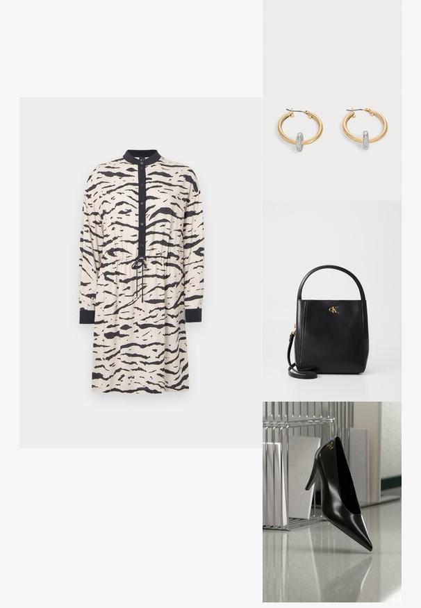 Robe à manches longues beige avec des rayures noires de tigre, dotée d'un col, d'un devant à boutons et d'une taille ajustable avec un cordon de serrage.; Chaussure noire à talon haut avec bout pointu et logo doré, posée sur une surface réfléchissante près d'un organiseur de dossiers en fil chromé contenant des documents.; Sac à main en cuir noir avec une poignée arrondie, accent logo doré et bandoulière amovible. Texture lisse et forme structurée.; Paire de boucles d'oreilles créoles dorées avec un petit détail boucle ton argent sur chaque, exposées sur fond gris clair.