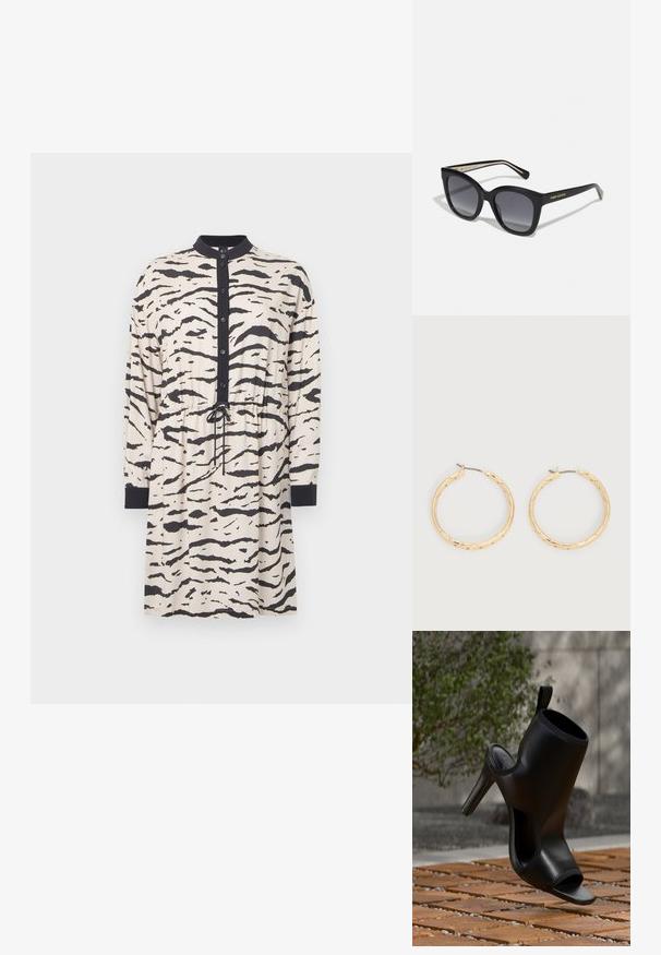 Robe à manches longues beige avec des rayures noires de tigre, dotée d'un col, d'un devant à boutons et d'une taille ajustable avec un cordon de serrage.; Chaussure mule noire à talon haut avec bout ouvert et côtés découpés, présentée en extérieur sur des lattes en bois avec un feuillage vert flou en arrière-plan.; Lunettes de soleil carrées surdimensionnées noires avec des verres dégradés foncés et le logo doré "Tommy Hilfiger" sur les branches.; Paire de boucles d'oreilles créoles texturées en ton or avec tiges fines sur fond blanc.