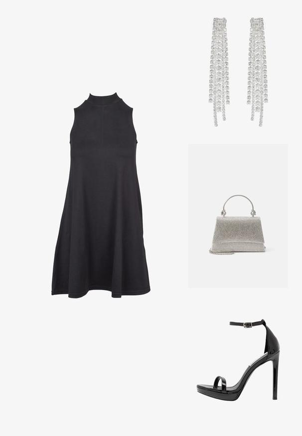 Vestido negro sin mangas con cuello alto, hecho de una tela suave y elástica. El diseño en forma de A presenta un corte holgado y una textura suave.; Steve Madden MILANO - Sandalias de tacón - black; ALDO FELISIA - Bolso de mano - silver-coloured; Pendientes largos de plata que presentan una variedad de cristales transparentes facetados en cascadas con diferentes longitudes y formas.