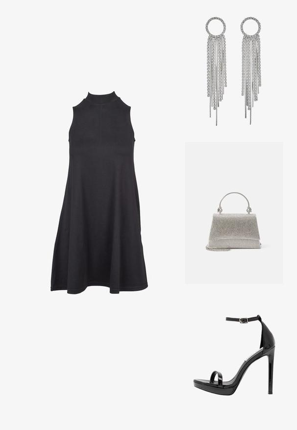Vestido negro sin mangas con cuello alto, hecho de una tela suave y elástica. El diseño en forma de A presenta un corte holgado y una textura suave.; Steve Madden MILANO - Sandalias de tacón - black; ALDO FELISIA - Bolso de mano - silver-coloured; Pendientes en tono plateado que presentan una parte superior circular con cadenas en cascada y rhinestones de corte cuadrado, mostrando un diseño lineal de múltiples niveles.