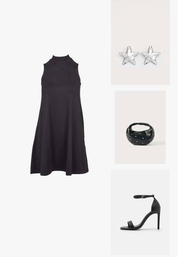 Vestido negro sin mangas con cuello alto, hecho de una tela suave y elástica. El diseño en forma de A presenta un corte holgado y una textura suave.; Sandalia de tacón alto negra con un diseño elegante, que cuenta con una correa en el tobillo, punta abierta y una textura de cuero suave.; Bolso de mano de cuero negro con forma redondeada, decorado con detalles de tachuelas plateadas y un asa corta. Textura lisa y cierre con cremallera.; Pendientes en forma de estrella plateada con una superficie pulida y brillante. Cada pendiente presenta cinco puntas y sutiles detalles de textura en la superficie.