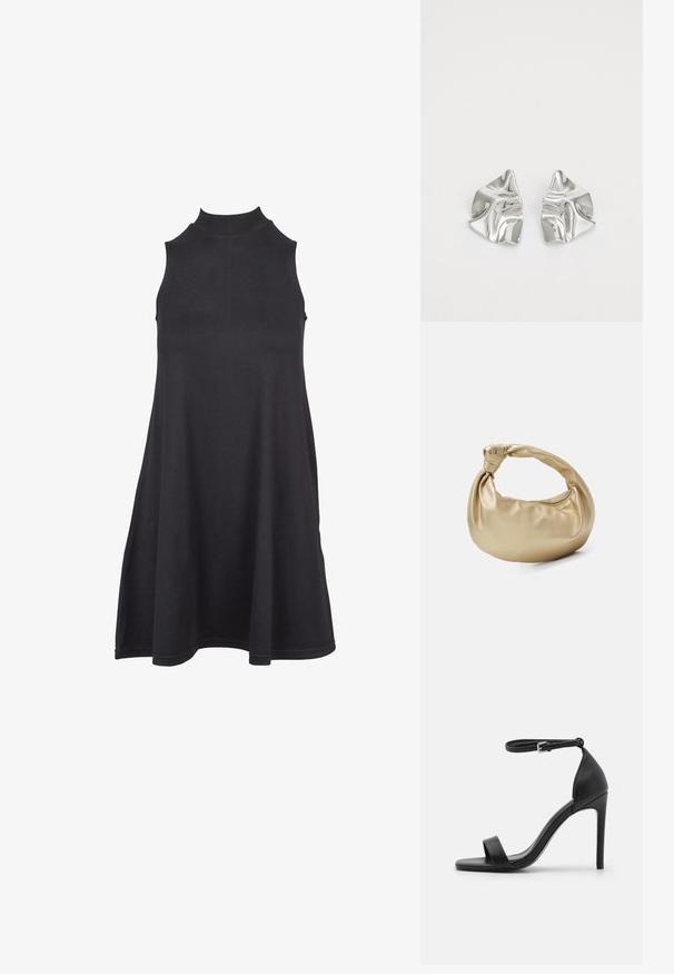 Vestido negro sin mangas con cuello alto, hecho de una tela suave y elástica. El diseño en forma de A presenta un corte holgado y una textura suave.; Sandalia de tacón alto negra con un diseño elegante, que cuenta con una correa en el tobillo, punta abierta y una textura de cuero suave.; Bolso de metal dorado con una textura suave y brillante. Presenta un asa anudada y una forma redondeada y suave. Cierre de cremallera en la parte superior.; Pendientes de metal plateado con un diseño ondulado y escultórico, que presentan un acabado pulido y formas irregulares, destacando una estética contemporánea.