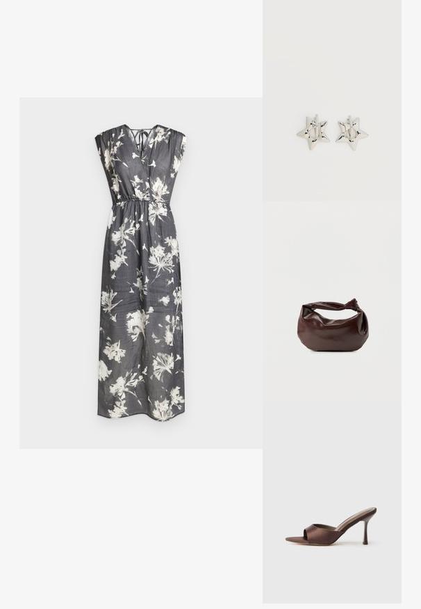 Robe maxi noire sans manches avec imprimé floral blanc, encolure en V, taille froncée et détail noué dans le dos.; Mule en satin marron à bout ouvert avec un talon fin de hauteur moyenne et une conception à enfiler sur fond blanc uni.; Sac bandoulière en cuir marron foncé avec une forme souple et décontractée et une anse nouée torsadée sur un fond blanc uni.; Boucles d’oreilles créoles en forme d’étoile argentée avec une finition lisse et polie sur un fond blanc uni.