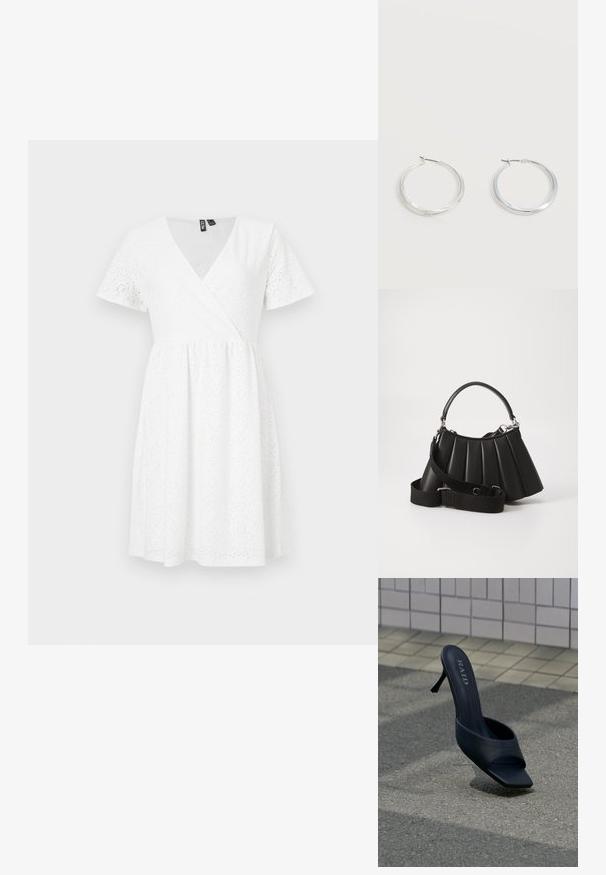 Vestido blanco de manga corta con diseño envolvente, detalles de ojales, escote en V y una falda acampanada que llega por encima de la rodilla.; Zapato mule negro de tacón alto con puntera abierta y marca "RAID" en la plantilla, colocado sobre pavimento gris cerca de una pared alicatada.; Bolso de mano negro con pliegues, manejo redondeado, correa ajustable y textura brillante. Presenta herrajes plateados y una silueta estructurada.; Pendientes de aro de metal plateado con superficie lisa y ligeramente curvada y cierre de tipo mosquetón sobre un fondo blanco liso.