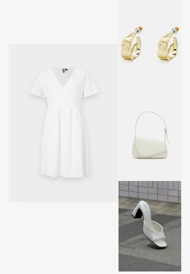 Vestido blanco de manga corta con diseño envolvente, detalles de ojales, escote en V y una falda acampanada que llega por encima de la rodilla.; Un mule blanco de punta abierta con tacón cuadrado, sobre asfalto gris frente a una pared con azulejos.; Bolso de mano de imitación cuero blanco con una forma triangular estructurada, correa ajustable única y cierre con solapa acentuada en curva.; Pendientes en tono dorado con forma de manos abstractas, que presentan una superficie brillante, detalles intrincados y un poste de plata y oro para un ajuste seguro.