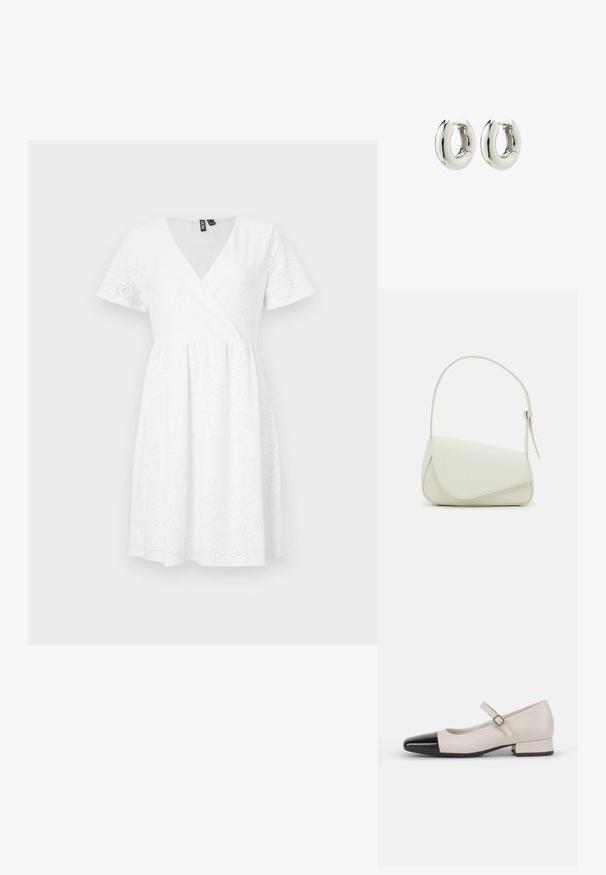 Vestido blanco de manga corta con diseño envolvente, detalles de ojales, escote en V y una falda acampanada que llega por encima de la rodilla.; Zapato estilo Mary Jane en cuero crema con puntera de charol negro. Presenta una punta redonda, tirante en el tobillo con una hebilla cuadrada y un tacón bajo y cuadrado.; Bolso de mano de imitación cuero blanco con una forma triangular estructurada, correa ajustable única y cierre con solapa acentuada en curva.; Pendientes de aro de plata con un diseño suave y redondeado y un acabado brillante. Presentan un cierre de bisagra sencillo para facilitar su uso.
