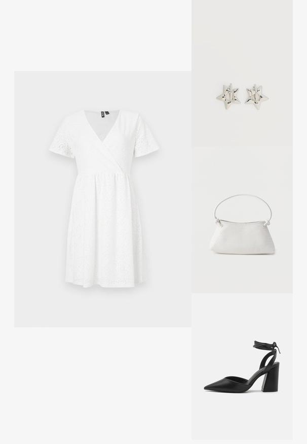 Vestido blanco de manga corta con diseño envolvente, detalles de ojales, escote en V y una falda acampanada que llega por encima de la rodilla.; Zapato de tacón negro con punta afilada, tacón cuadrado estructurado, material de cuero suave y una correa en el tobillo ajustable para un ajuste seguro.; Bolso de mano de cuero blanco tejido con asa redondeada y extremos de la correa anudados, exhibido sobre un fondo liso.; Pendientes de aro plateados en forma de estrella con un acabado liso y pulido sobre un fondo blanco liso.