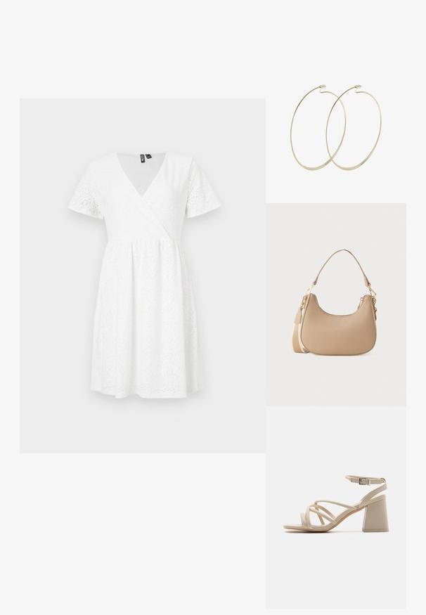 Vestido blanco de manga corta con diseño envolvente, detalles de ojales, escote en V y una falda acampanada que llega por encima de la rodilla.; Sandalias de tacón en color beige con correas entrelazadas, hebilla en el tobillo y tacón de bloque cuadrado para mayor estabilidad. Textura suave similar al cuero.; Pequeña bolsa de hombro beige con parte superior curvada, correa larga desmontable y cierres de tono dorado sobre un fondo blanco liso.; Pilgrim Pendientes - gold-coloured