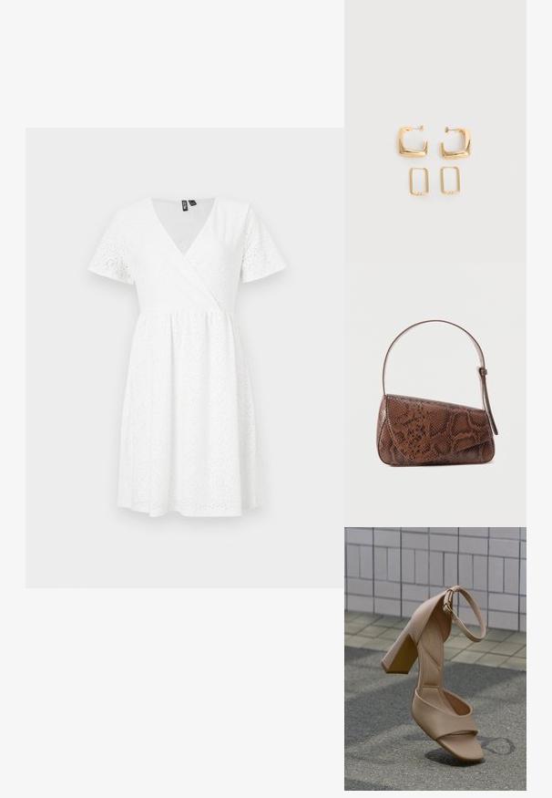 Vestido blanco de manga corta con diseño envolvente, detalles de ojales, escote en V y una falda acampanada que llega por encima de la rodilla.; Sandalia de tacón alto beige con correa en el tobillo y tacón cuadrado, mostrada en ángulo contra una pared de azulejos y una superficie de suelo texturizada.; Bolso de hombro de cuero con patrón de piel de serpiente marrón, con cierre de solapa y una única correa ajustable sobre un fondo liso.; Dos pares de pendientes de aro geométricos en tono dorado sobre una superficie blanca lisa, un par cuadrados y sólidos, un par rectangulares y huecos.