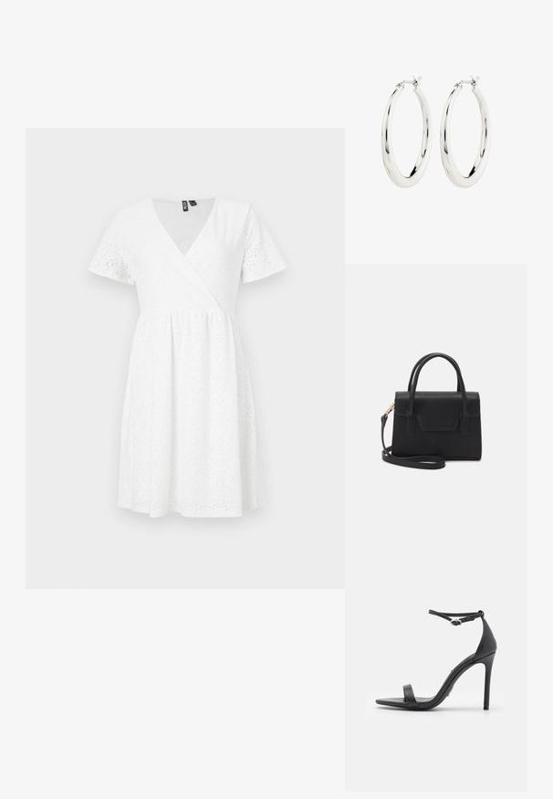 Vestido blanco de manga corta con diseño envolvente, detalles de ojales, escote en V y una falda acampanada que llega por encima de la rodilla.; Sandalias de tacón alto negras con punta abierta, tiras delgadas y hebilla en el tobillo. Textura de cuero suave con un diseño de punta afilada.; Bolso estructurado negro de cuero con un asa superior, correa de hombro desmontable y un detalle de tapa en la parte frontal. Acentos en dorado.; Pendientes de aro de plata con un acabado suave y brillante. Forma circular, con un cierre seguro. Diseño sencillo y elegante.