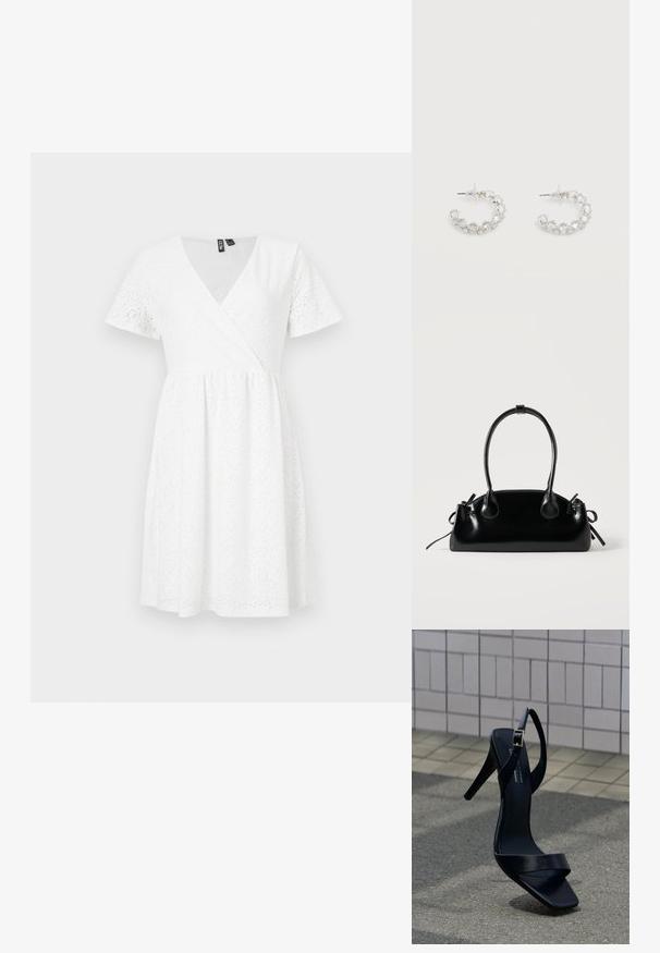 Vestido blanco de manga corta con diseño envolvente, detalles de ojales, escote en V y una falda acampanada que llega por encima de la rodilla.; Sandalia negra de tacón alto con correa en el tobillo y punta cuadrada, situada sobre el pavimento frente a una pared con azulejos.; Pequeño bolso negro brillante con dos asas largas y detalles de cordón lateral sobre un fondo claro liso.; Pendientes de aro plateados incrustados con cristales facetados transparentes, con cierre de poste y tapones auriculares transparentes sobre un fondo blanco.
