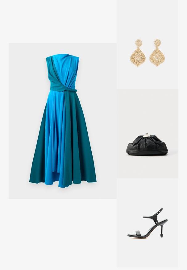 Robe une pièce en dégradé de bleues et de teal. Présente un corsage torsadé, un design sans manches et une jupe plissée fluide.; Sandale à talon haut en cuir noir avec fines lanières, bout ouvert et boucle réglable à la cheville, présentée sur un fond blanc uni.; Pochette en cuir noir avec une texture plissée, fermeture à fermoir métallique, et logo embossé discret sur le devant. Forme arrondie.; Boucles d'oreilles pendantes en ton doré, fabriquées en filigrane complexe, avec un design floral et une forme en goutte d'eau, dotées d'une mentonnière ronde décorative en haut.