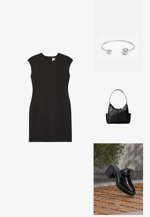 Vestido negro sin mangas con cuello alto y cremallera trasera. La tela parece lisa y ajustada, creando una silueta limpia y minimalista.; Mule tipo slip-on de cuero negro de Calvin Klein con tacón de bloque descansando sobre baldosas de madera al aire libre cerca de una planta verde y una pared gris.; Bolso de hombro de piel negra con una única correa, bolsillos laterales y un sutil logo de Calvin Klein en relieve en la parte frontal inferior derecha.; Brazalete de metal plateado con dos acentos esféricos en cada extremo, superficie lisa, diseño abierto y forma elegante y minimalista.