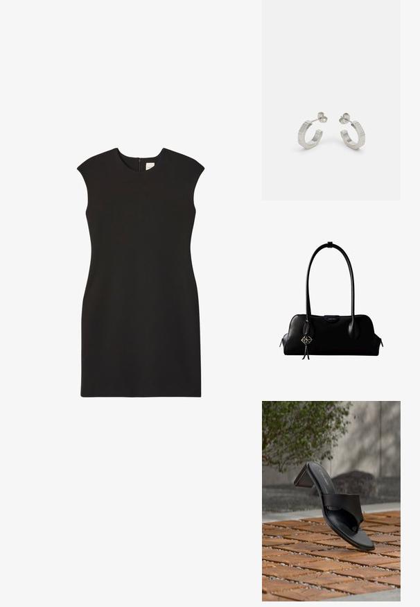Schwarzes ärmelloses Kleid mit hohem Ausschnitt und Reißverschluss hinten. Der Stoff wirkt glatt und eng anliegend, wodurch eine klare, minimalistische Silhouette entsteht.; Schwarze Calvin Klein Sandale mit Absatz und Zehenschlaufe auf einem Holzkachelfußboden im Freien neben einem Baum und einer Steinmauer.; Schwarze Lederhandtasche von Calvin Klein mit langen Henkeln, einem vorderen Logo-Tag und einem silbernen geometrischen Anhänger, der an einem Henkel hängt.; Silberne Metall-Hoops mit strukturiertem Design, ausgestattet mit einem kleinen Steckverschluss und Branding an einem Hoop. Abgerundete Form mit glänzender Oberfläche.