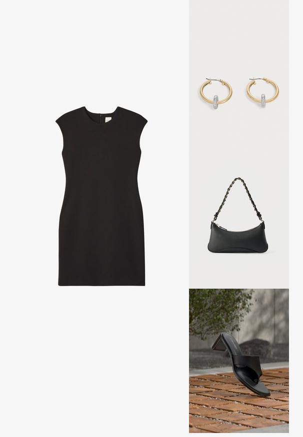 Schwarzes ärmelloses Kleid mit hohem Ausschnitt und Reißverschluss hinten. Der Stoff wirkt glatt und eng anliegend, wodurch eine klare, minimalistische Silhouette entsteht.; Schwarze Calvin Klein Sandale mit Absatz und Zehenschlaufe auf einem Holzkachelfußboden im Freien neben einem Baum und einer Steinmauer.; Schwarze Lederschultertasche mit gewölbter rechteckiger Form, goldener Kette, die in den geflochtenen schwarzen Riemen eingewebt ist, und Reißverschlussverschluss oben.; Paar goldfarbene Creolen mit kleinem silberfarbenem Schlaufen-Detail an jeder, vor hellem grauem Hintergrund präsentiert.
