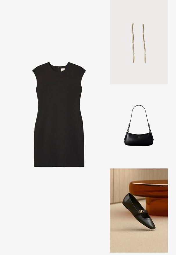Vestido negro sin mangas con cuello alto y cremallera trasera. La tela parece lisa y ajustada, creando una silueta limpia y minimalista.; Zapato plano de cuero negro con puntera puntiaguda y logo dorado de CK en la correa, colocado sobre una alfombra beige cerca de una mesa redonda marrón ámbar.; Mini bolso negro de cuero para hombro con correa delgada y pequeño logo dorado CK en el centro frontal.; Pendientes largos de oro compuestos por cuatro barras curvadas enlazadas y alargadas sobre un fondo blanco.