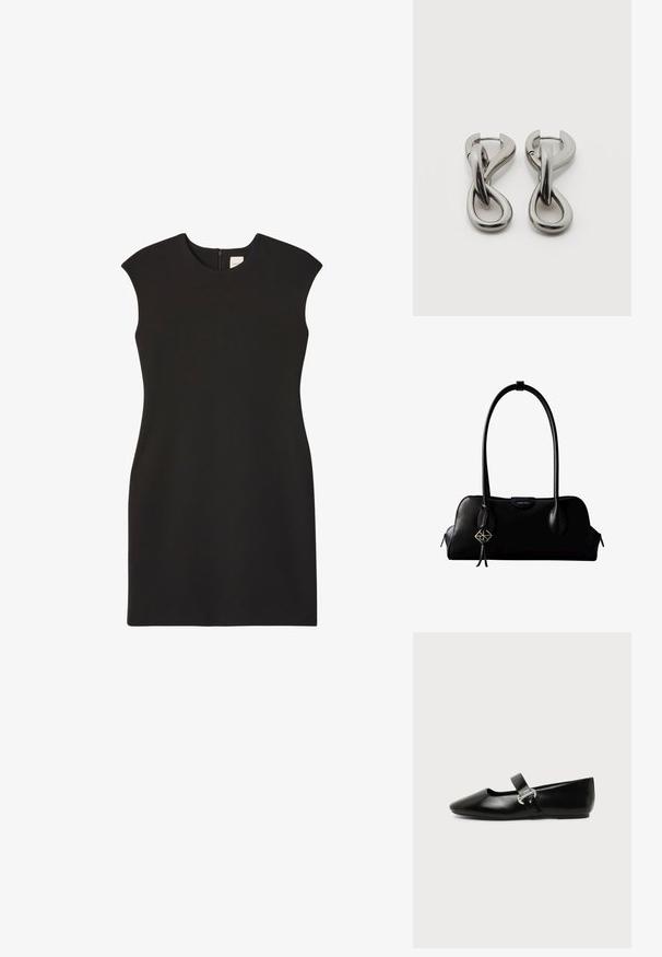 Schwarzes ärmelloses Kleid mit hohem Ausschnitt und Reißverschluss hinten. Der Stoff wirkt glatt und eng anliegend, wodurch eine klare, minimalistische Silhouette entsteht.; Schwarzer Ledermary-Jane-Flachschuh mit abgerundetem Zehenbereich und silberner Schnalle auf einfachem Hintergrund.; Schwarze Lederhandtasche von Calvin Klein mit langen Henkeln, einem vorderen Logo-Tag und einem silbernen geometrischen Anhänger, der an einem Henkel hängt.; Paar silberfarbene Metallohrringe mit abstraktem ineinandergreifendem Schlaufen-Design auf weißem Hintergrund.