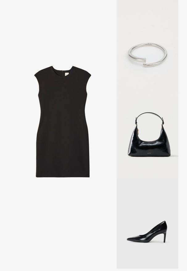 Čierne šaty bez rukávov s vysokým výstrihom a zadným zipsom. Látka pôsobí hladko a priliehavo, vytvára čistý, minimalistický siluet.; Čierna kožená vysoká topánka s ihlovým podpätkom a špičatou špicou, hladkou textúrou a zúženým podpätkom. Minimalistický dizajn, bez ďalších ozdôb.; Čierna lesklá kabelka Calvin Klein so zlatým zipsom a krátkym remienkom na bielom pozadí.; Calvin Klein SPIRAL - Náramok - silver-coloured